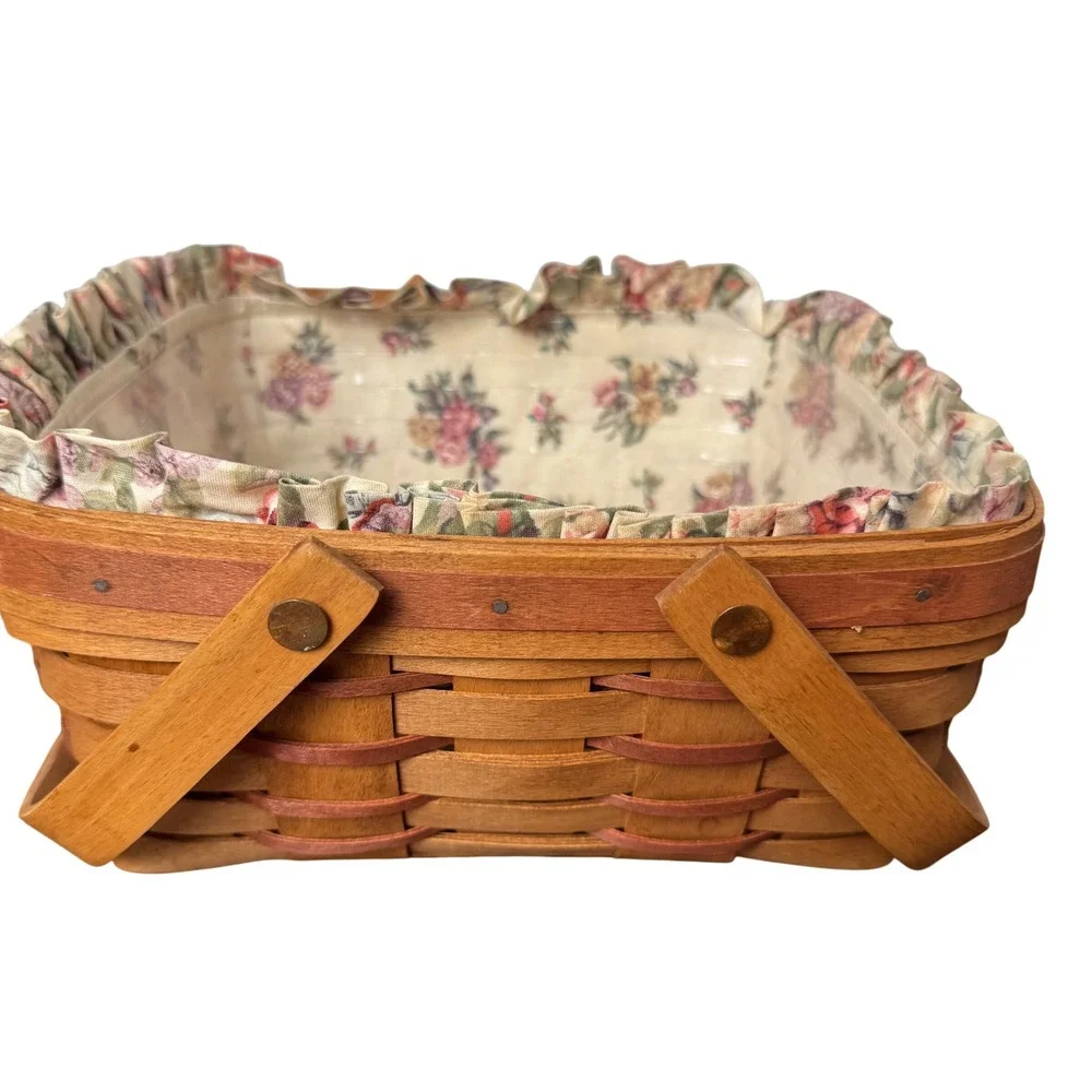 Longaberger 1992 Handwoven Square Basket Floral Liner Plastic Insert Signed TH